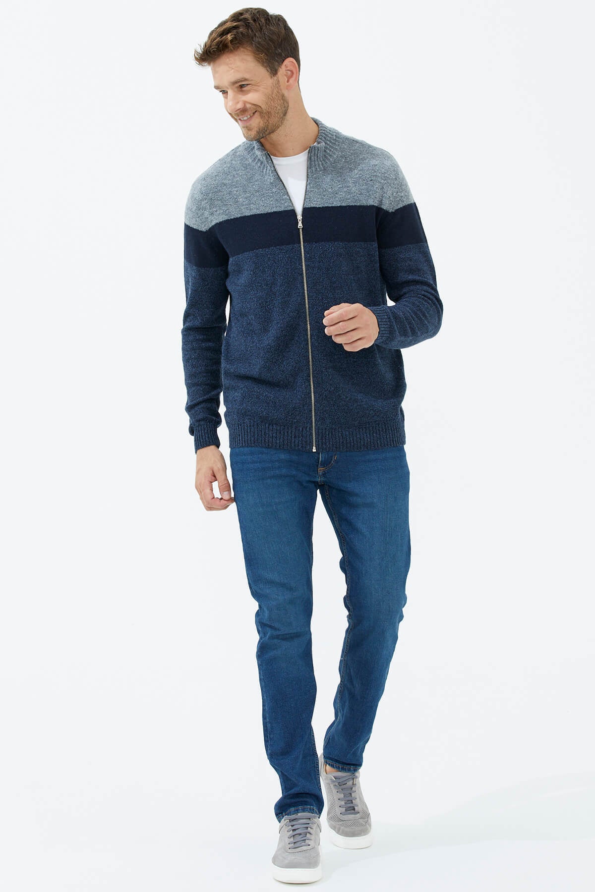 Dik Yaka Renkli Triko Hırka - Indigo (3) Sementa