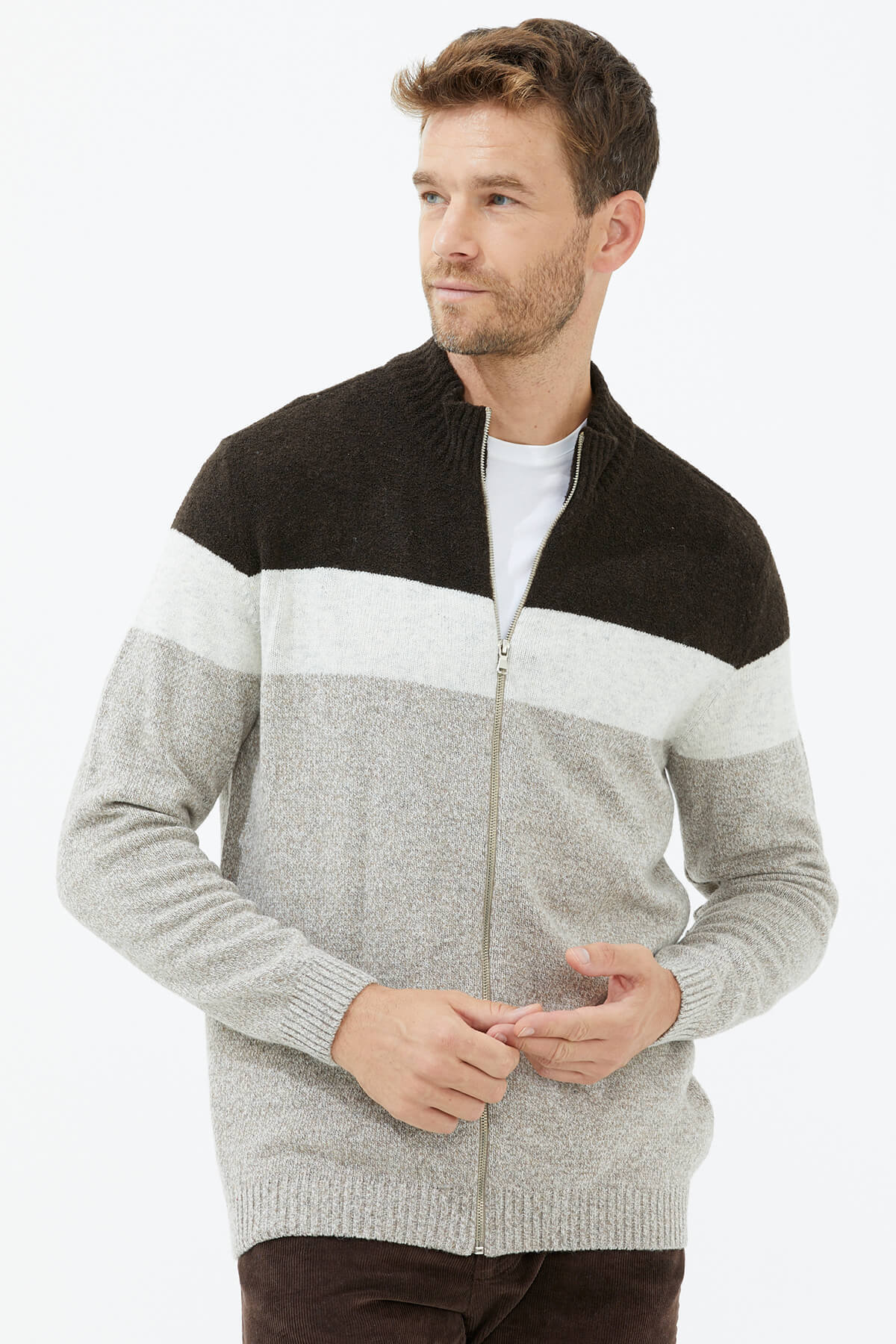 Dik Yaka Renkli Triko Hırka - Sütlü Kahve (2) Sementa