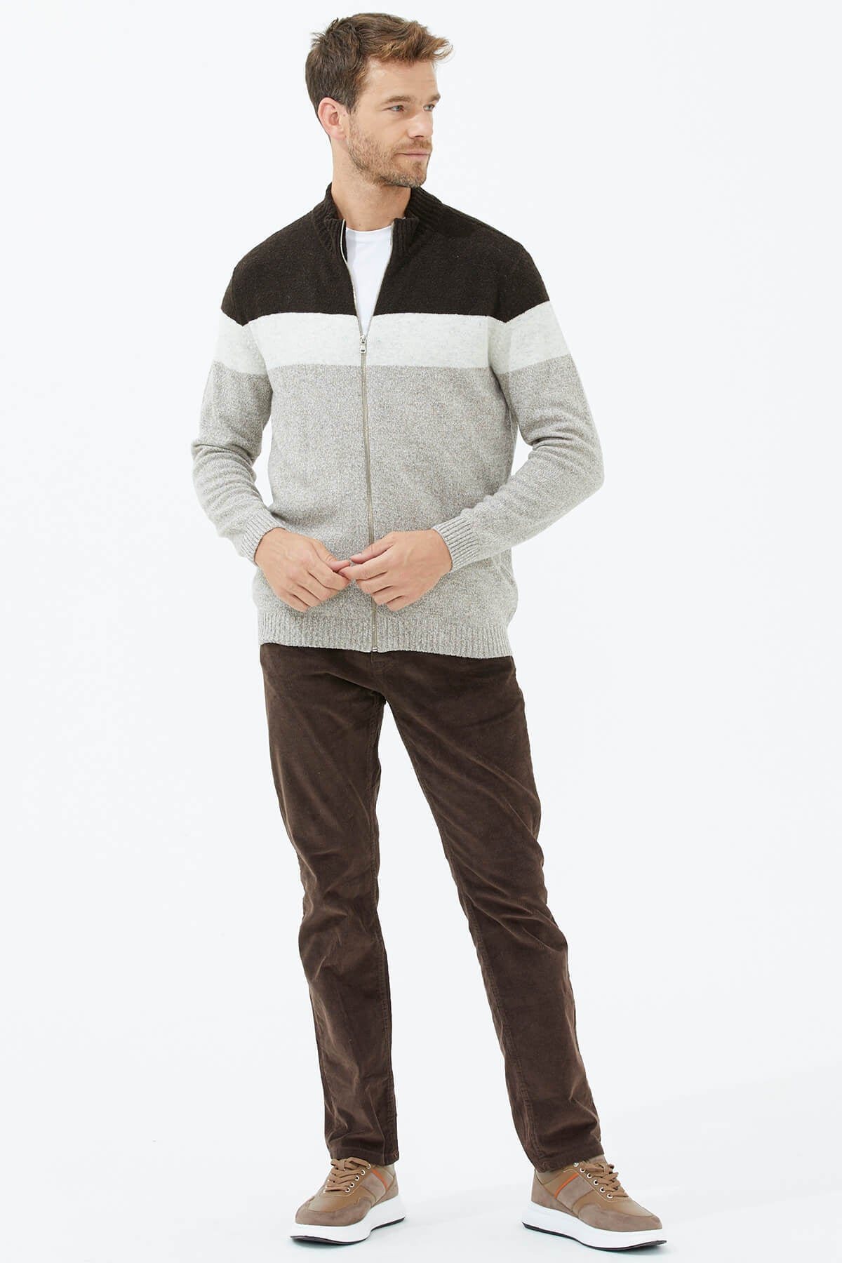 Dik Yaka Renkli Triko Hırka - Sütlü Kahve (3) Sementa