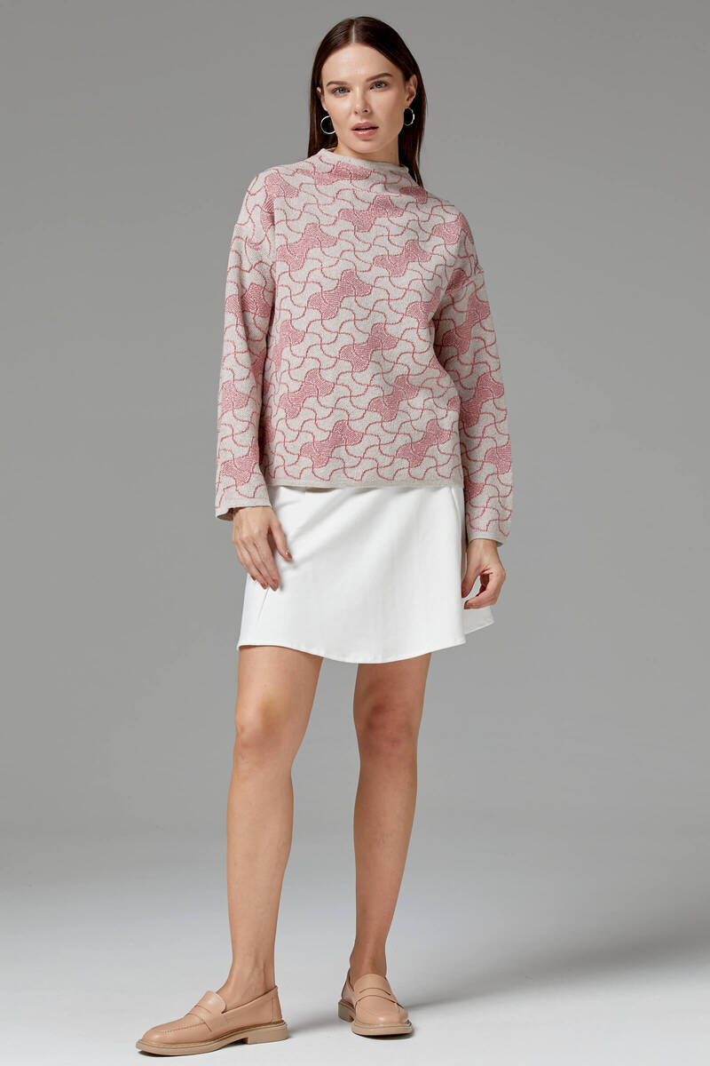 Dik Yaka Sim Detaylı Desenli Triko Kazak - Bej (2) Sementa