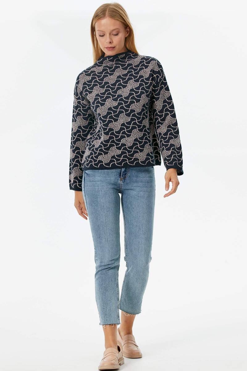 Dik Yaka Sim Detaylı Desenli Triko Kazak - Lacivert (1) Sementa