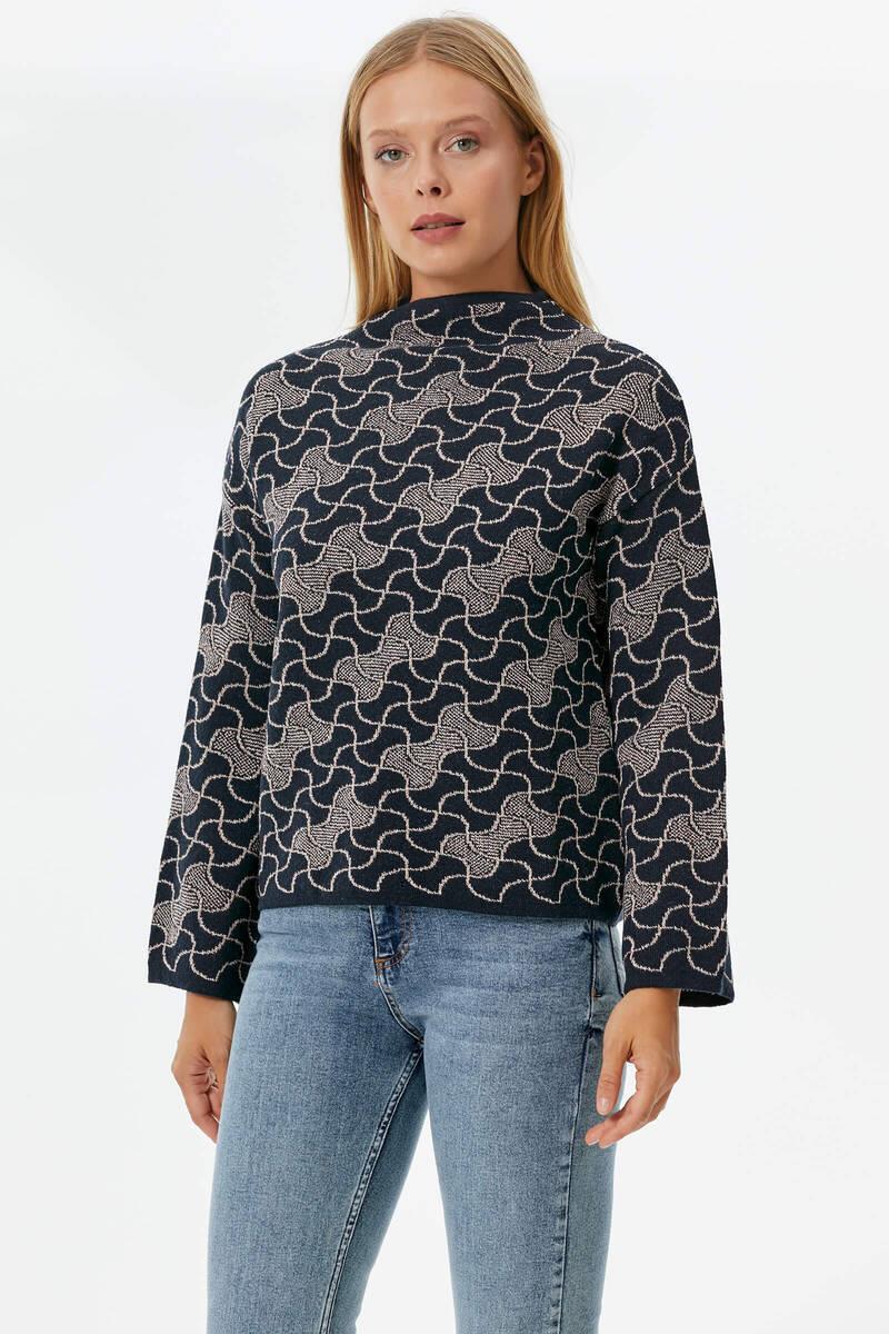 Dik Yaka Sim Detaylı Desenli Triko Kazak - Lacivert (2) Sementa