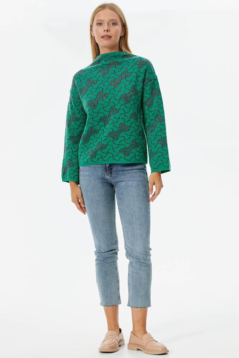 Dik Yaka Sim Detaylı Desenli Triko Kazak - Yeşil (2) Sementa