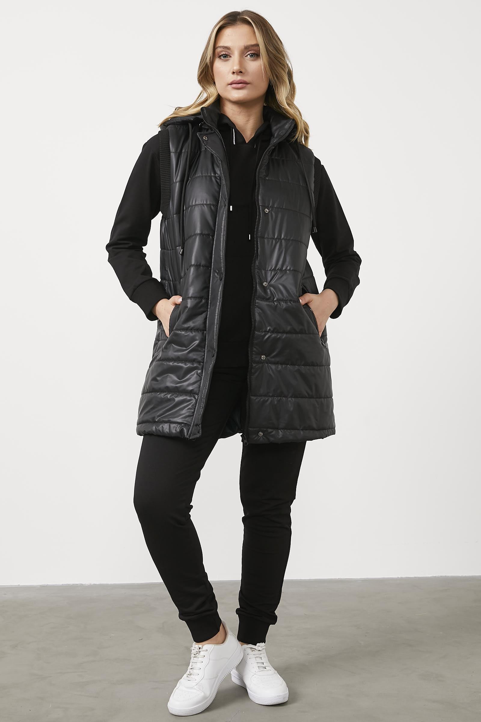 Dik Yaka Tunik Boy Kapitone Yelek - Siyah (1) Sementa