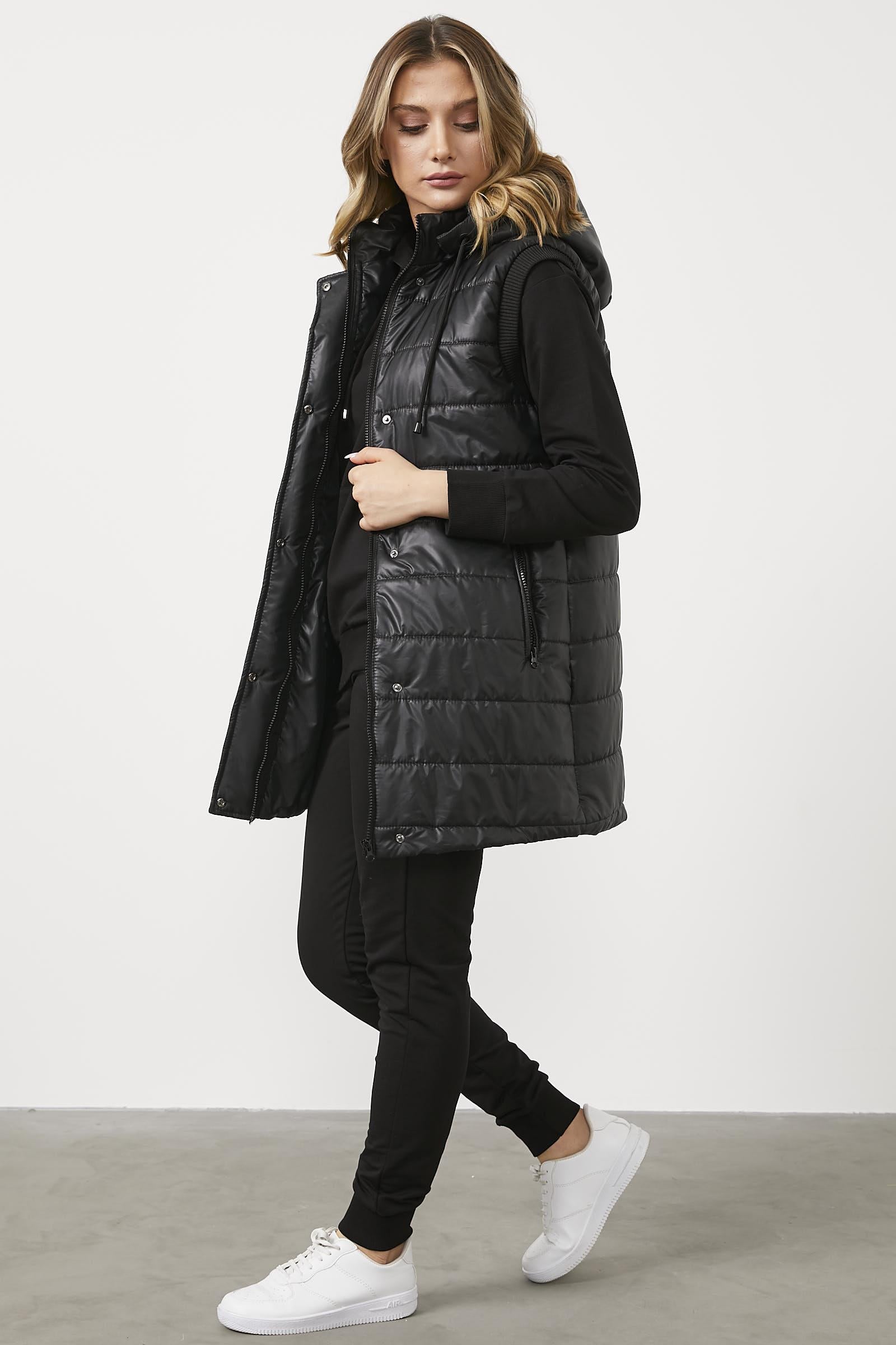 Dik Yaka Tunik Boy Kapitone Yelek - Siyah (3) Sementa