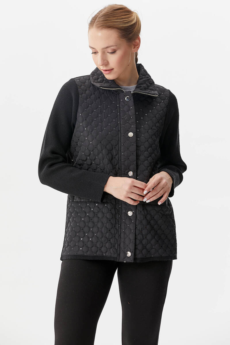 Dik Yaka Zımbalı Önü Kapitone Triko Ceket - Siyah (1) Sementa