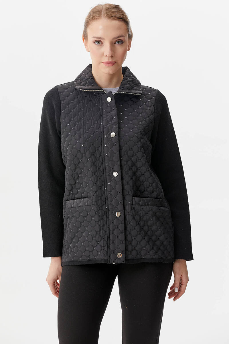 Dik Yaka Zımbalı Önü Kapitone Triko Ceket - Siyah (2) Sementa