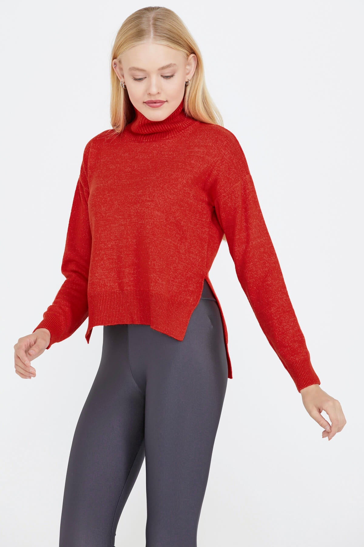 Dik Yakalı Kadın Triko Kazak - Kırmızı (1) Sementa