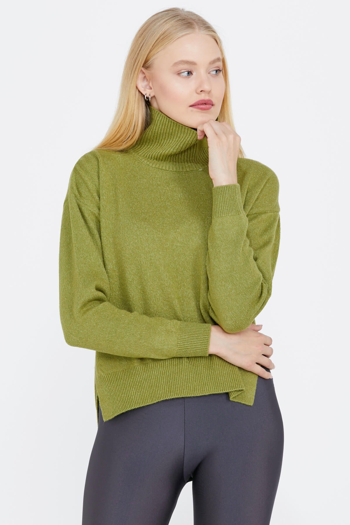 Dik Yakalı Kadın Triko Kazak - Yeşil (1) Sementa