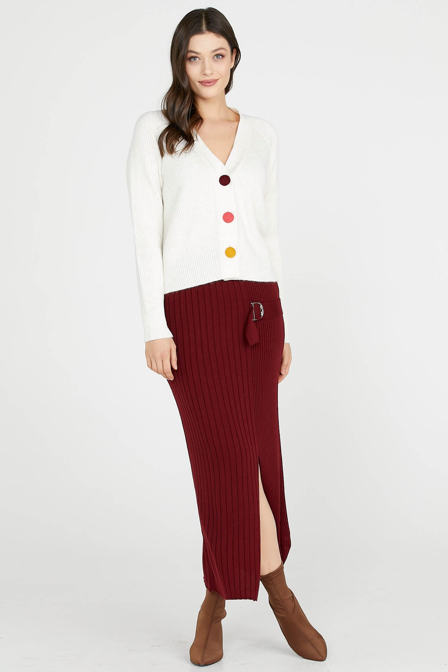 Diz Altı Tokalı Triko Etek - Bordo (3) Sementa