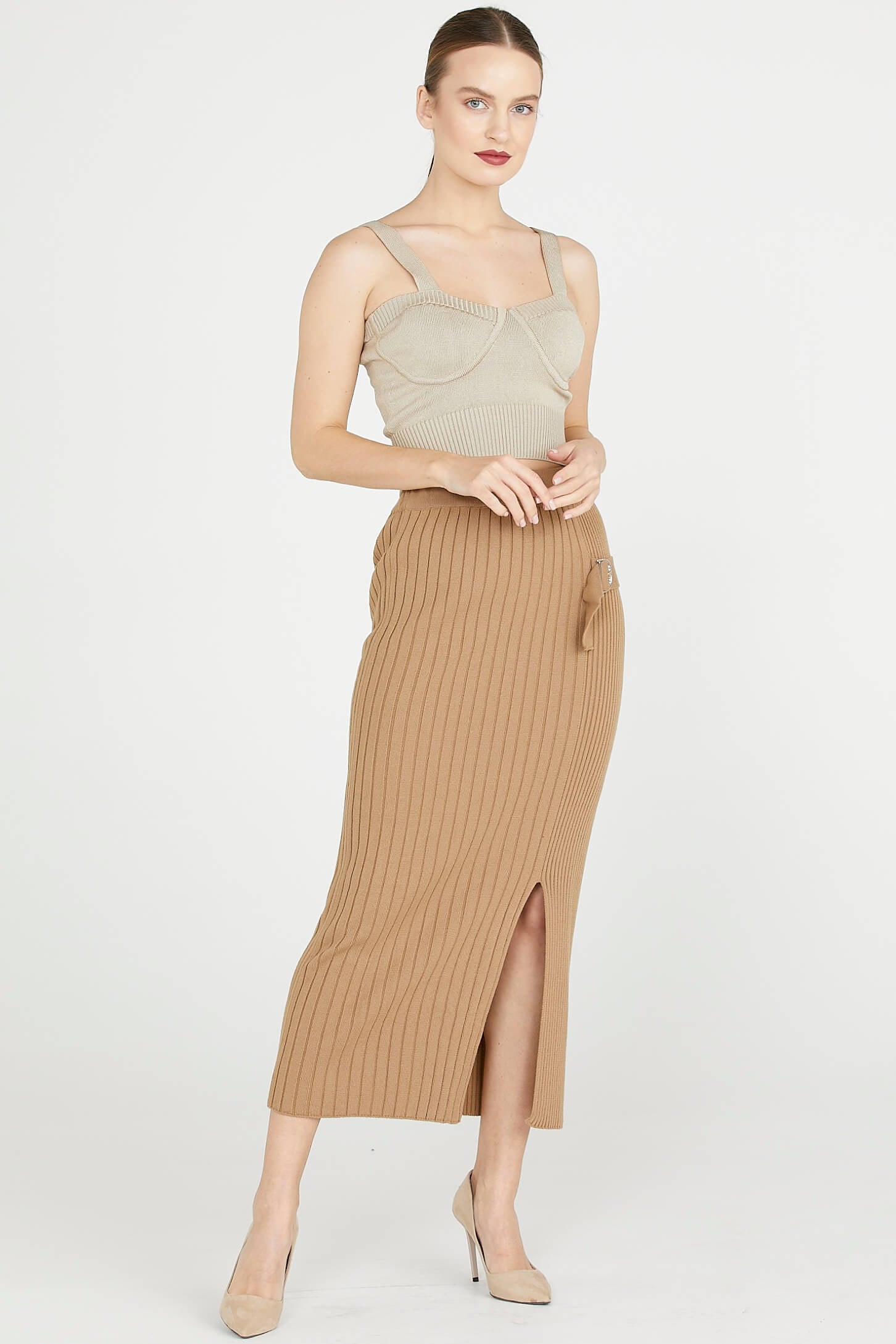 Diz Altı Tokalı Triko Etek - Kamel (2) Sementa