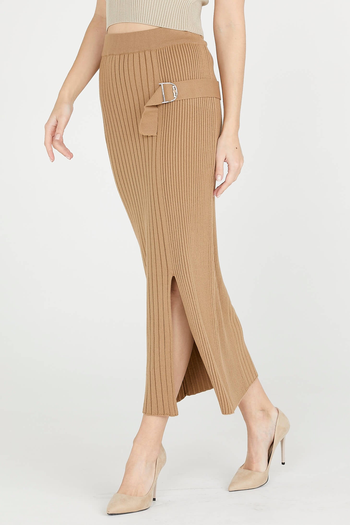 Diz Altı Tokalı Triko Etek - Kamel (3) Sementa