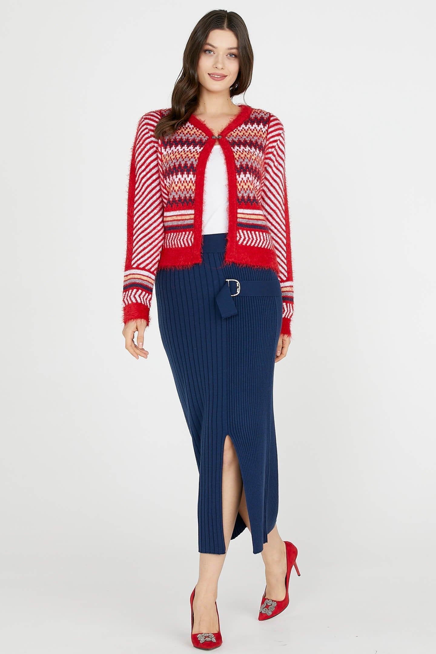 Diz Altı Tokalı Triko Etek - Lacivert (1) Sementa