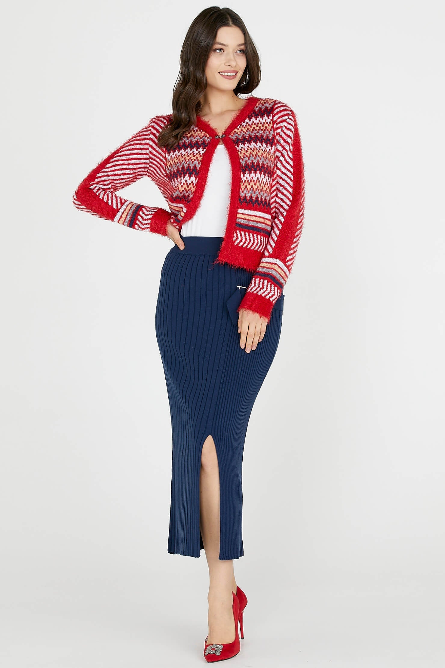 Diz Altı Tokalı Triko Etek - Lacivert (2) Sementa