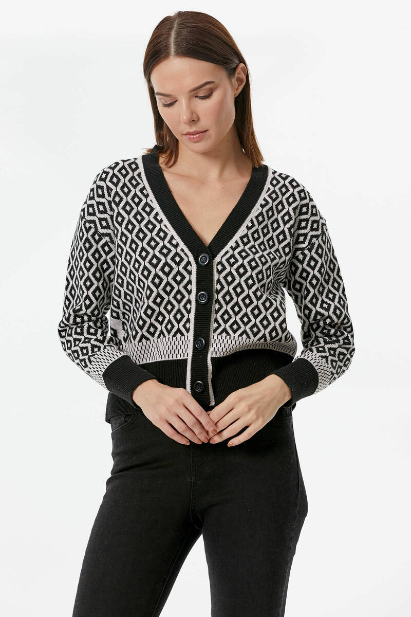 Düğmeli Geometrik Desenli Triko Hırka - Siyah (2) Sementa