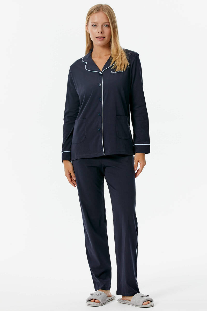 Düğmeli Gömlek Yaka Pijama - Lacivert (2) Sementa