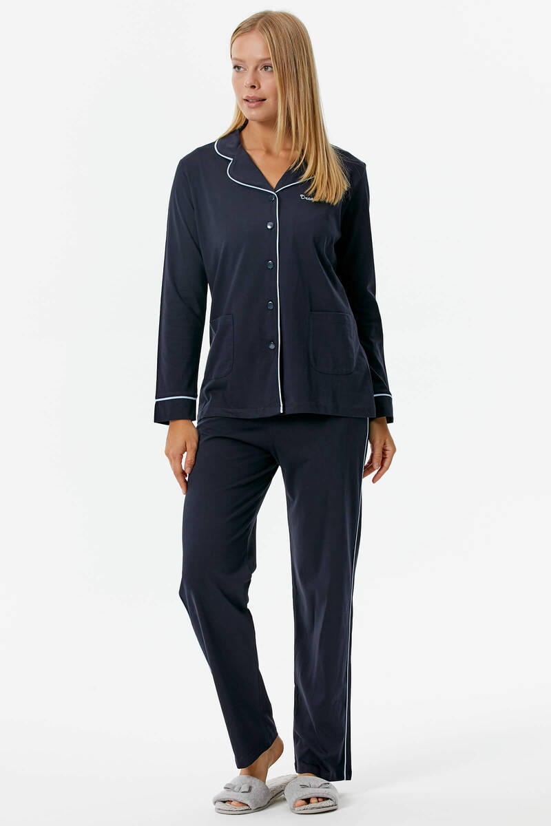 Düğmeli Gömlek Yaka Pijama - Lacivert (3) Sementa