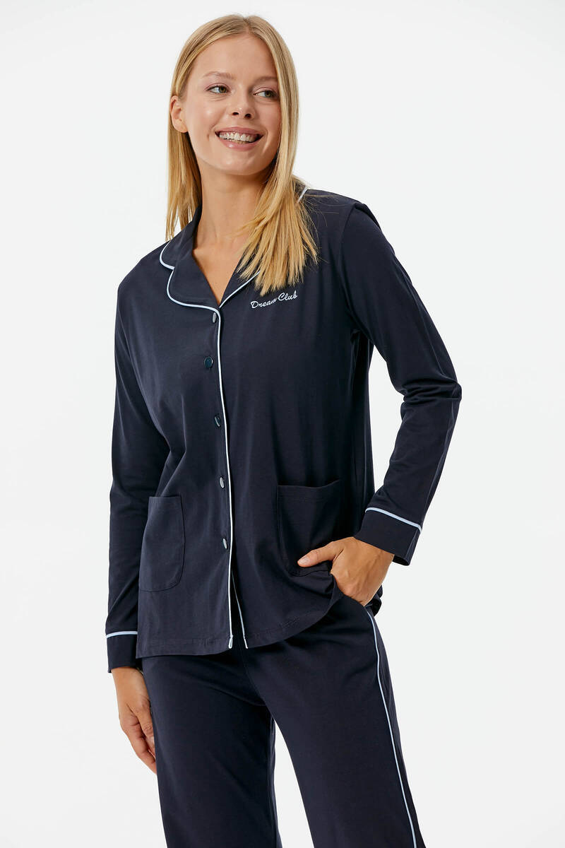 Düğmeli Gömlek Yaka Pijama - Lacivert (4) Sementa