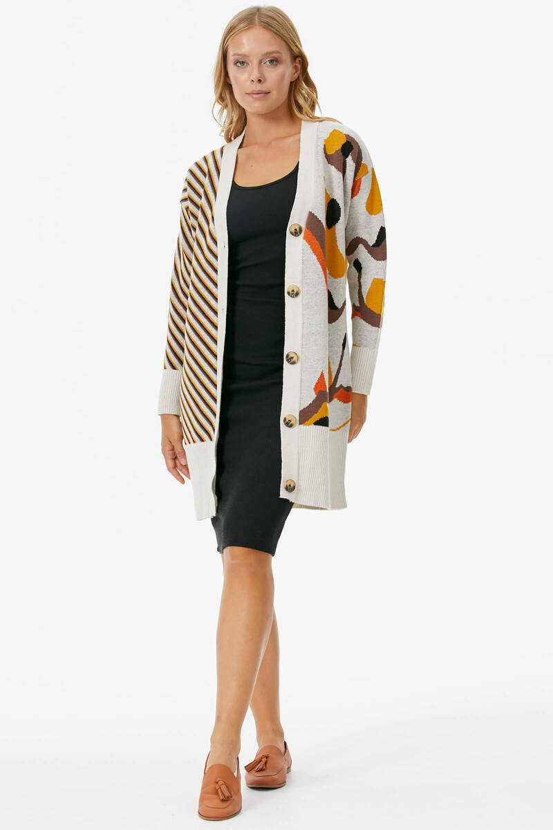 Düğmeli Renk Desenli Triko Hırka - Beyaz (1) Sementa