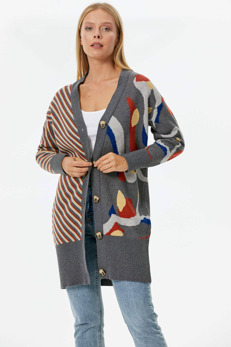 Düğmeli Renk Desenli Triko Hırka - Koyu Gri (2) Sementa