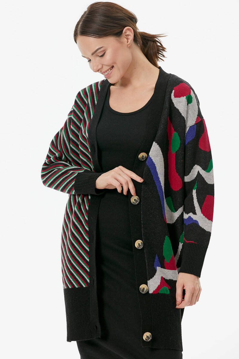 Düğmeli Renk Desenli Triko Hırka - Siyah (1) Sementa