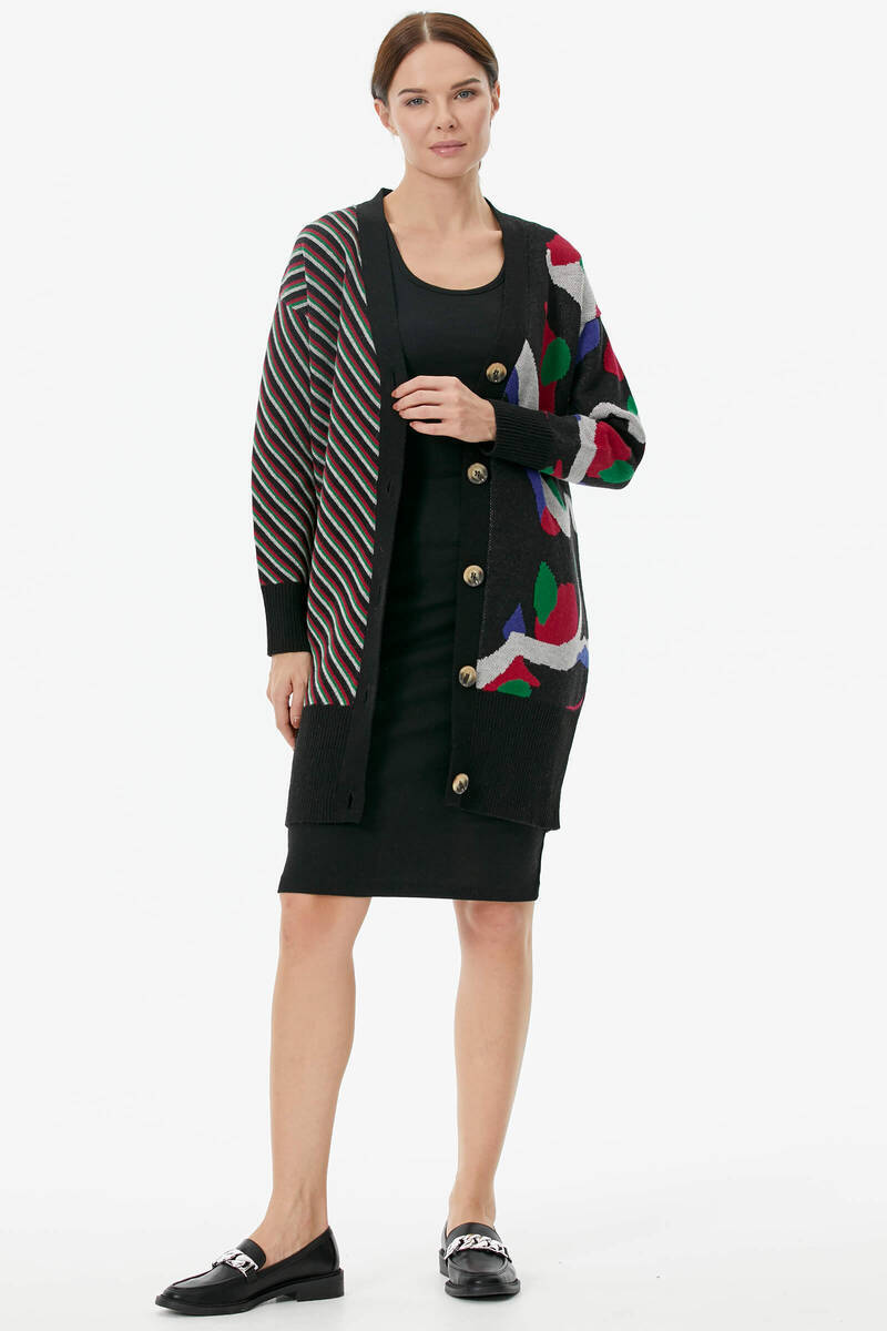 Düğmeli Renk Desenli Triko Hırka - Siyah (2) Sementa