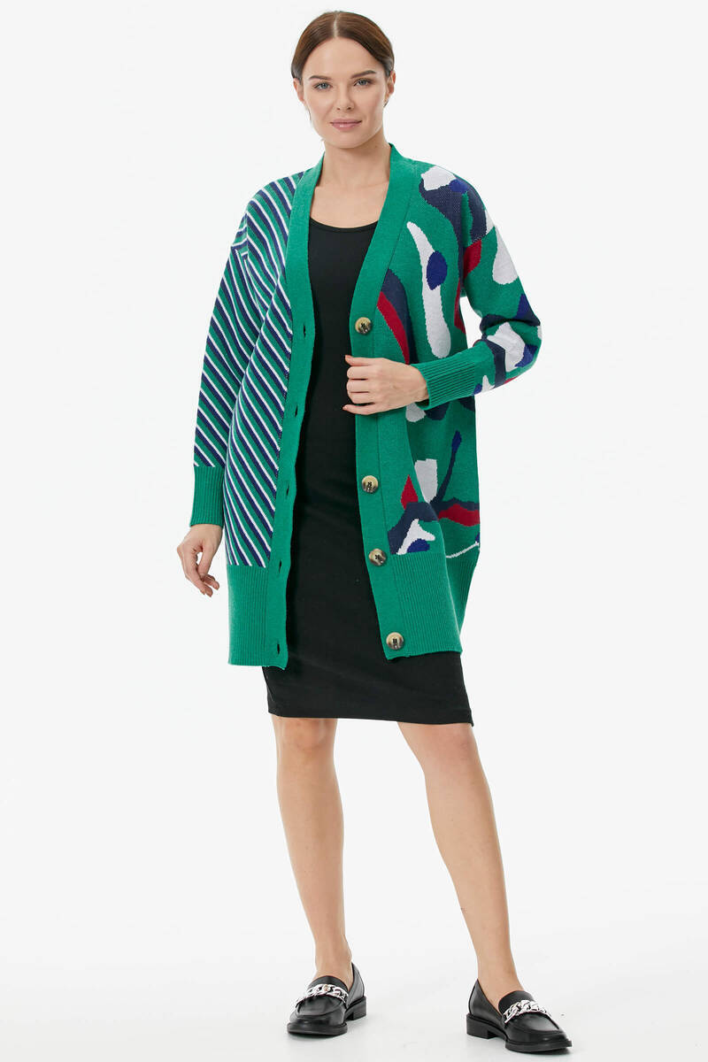 Düğmeli Renk Desenli Triko Hırka - Yeşil (1) Sementa