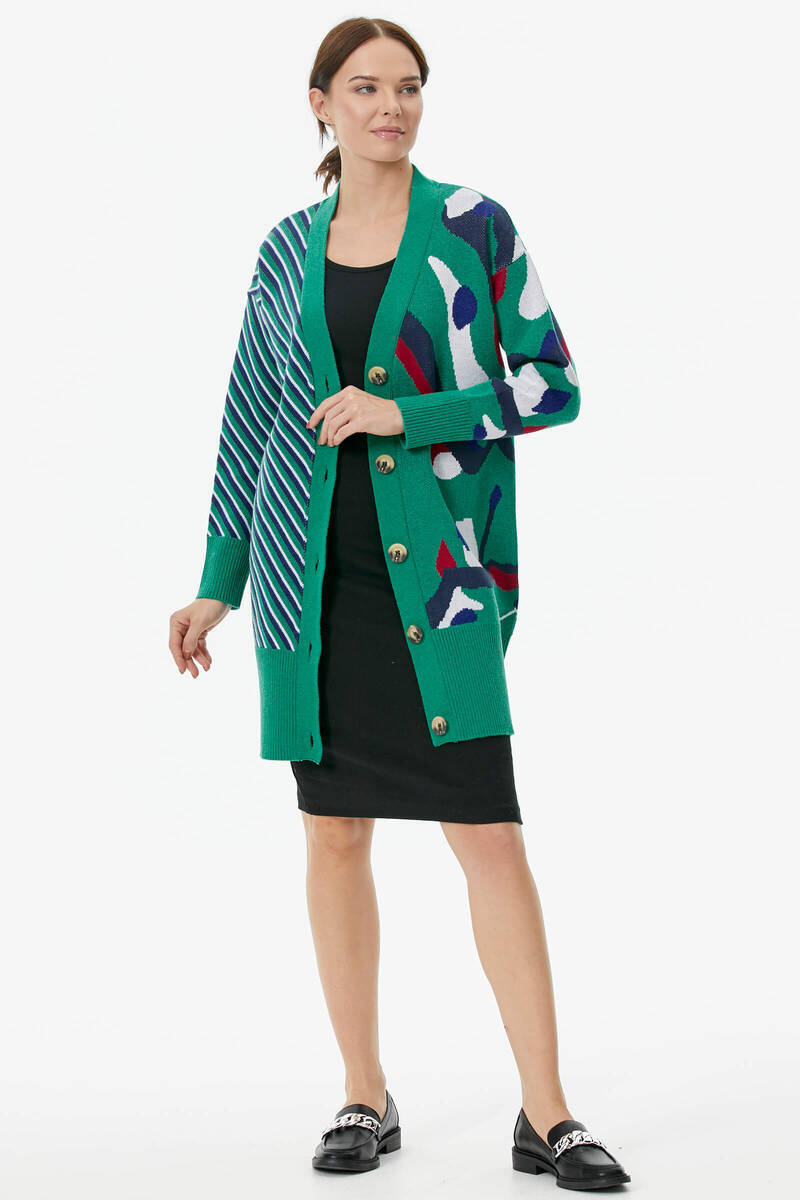 Düğmeli Renk Desenli Triko Hırka - Yeşil (2) Sementa