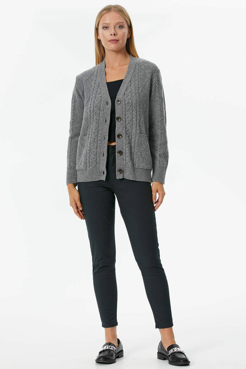 Düğmeli Saç Örgülü Triko Hırka - Gri (1) Sementa