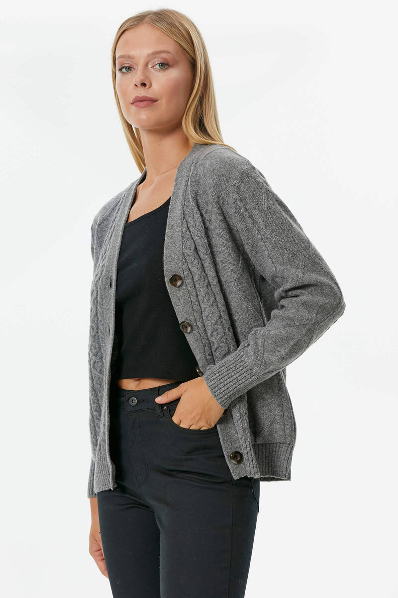 Düğmeli Saç Örgülü Triko Hırka - Gri (2) Sementa