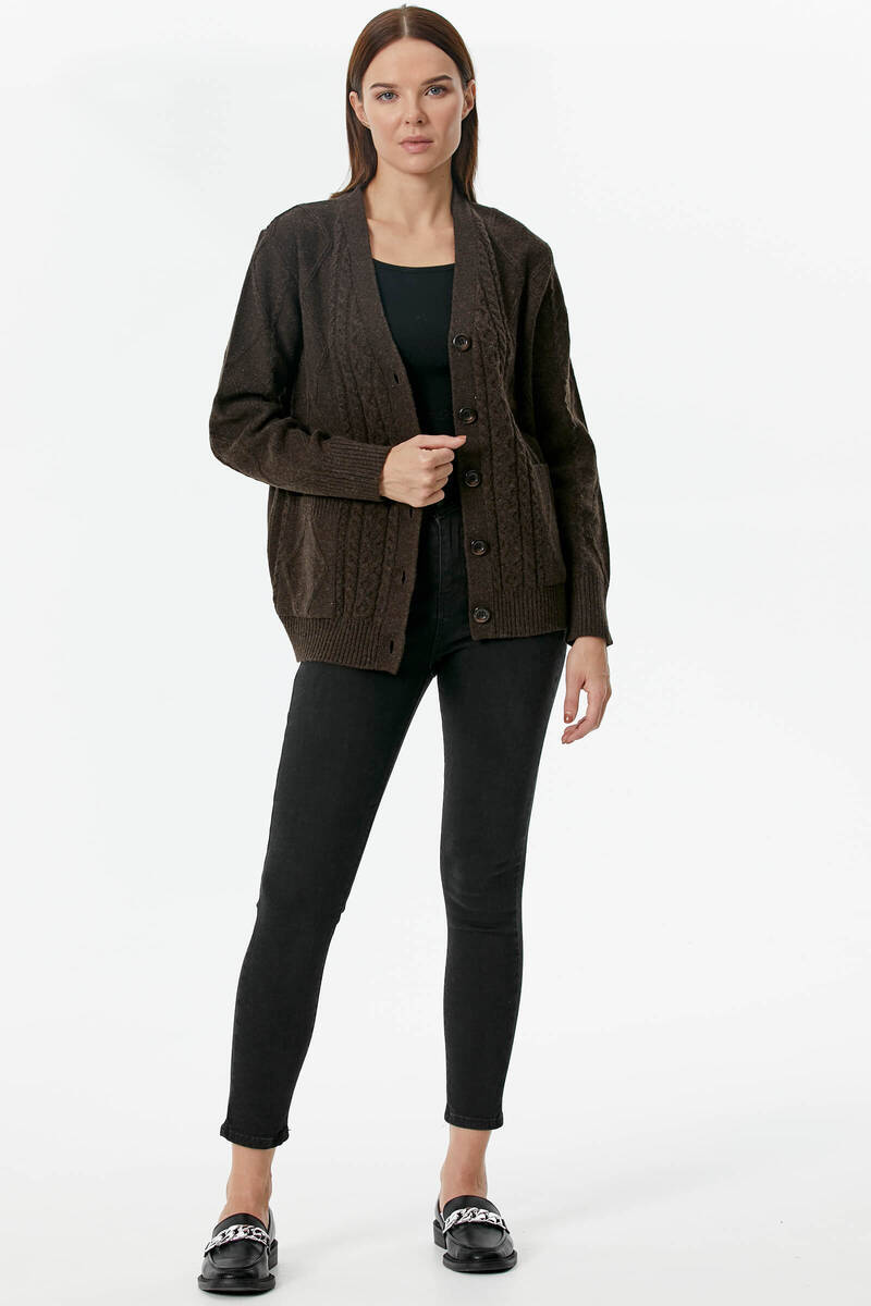 Düğmeli Saç Örgülü Triko Hırka - Kahve (1) Sementa