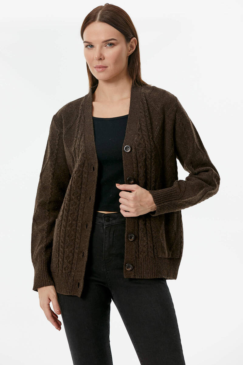 Düğmeli Saç Örgülü Triko Hırka - Kahve (2) Sementa