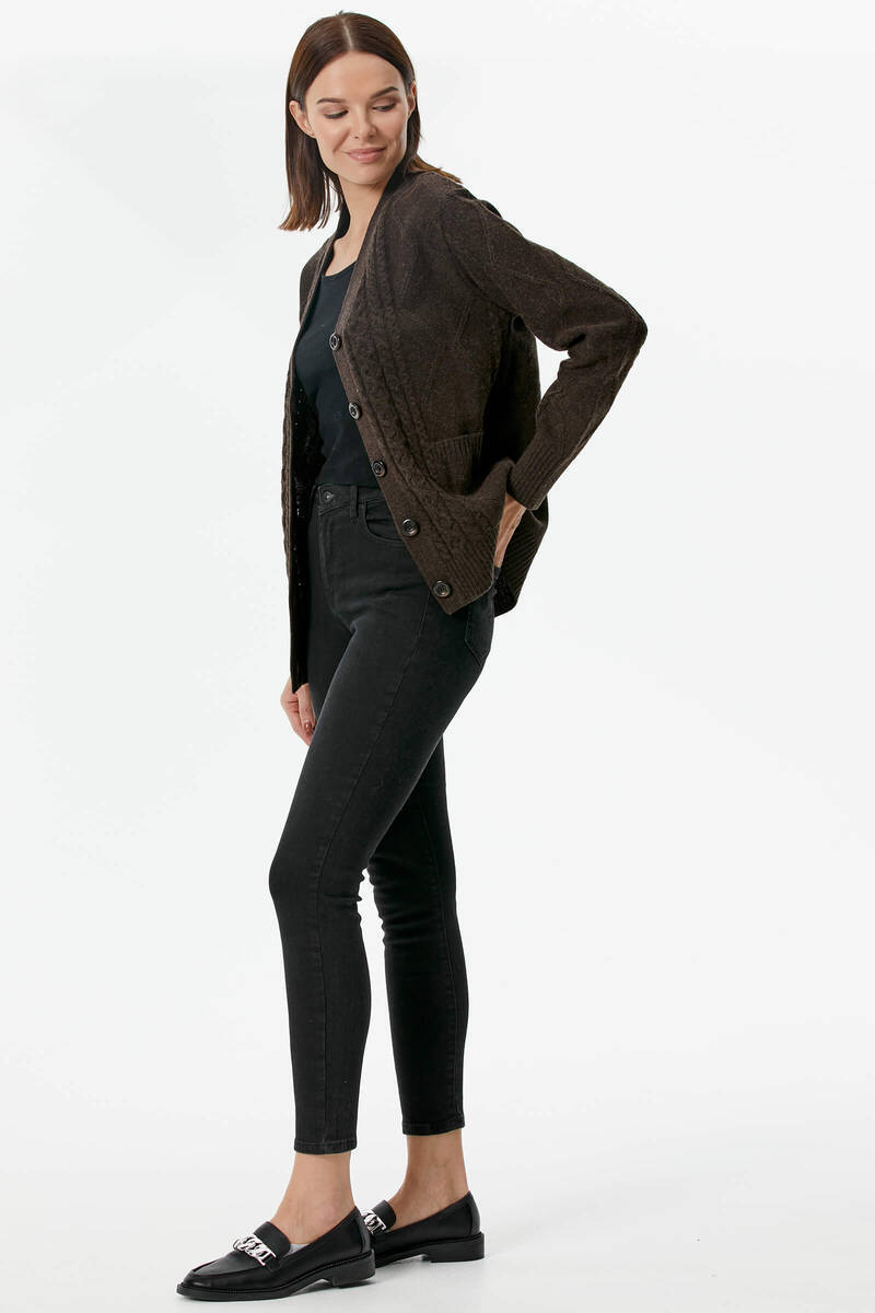 Düğmeli Saç Örgülü Triko Hırka - Kahve (3) Sementa