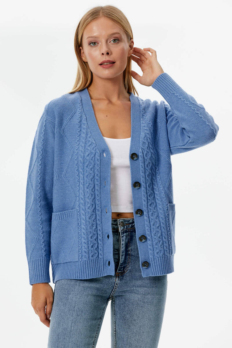 Düğmeli Saç Örgülü Triko Hırka - Mavi (1) Sementa