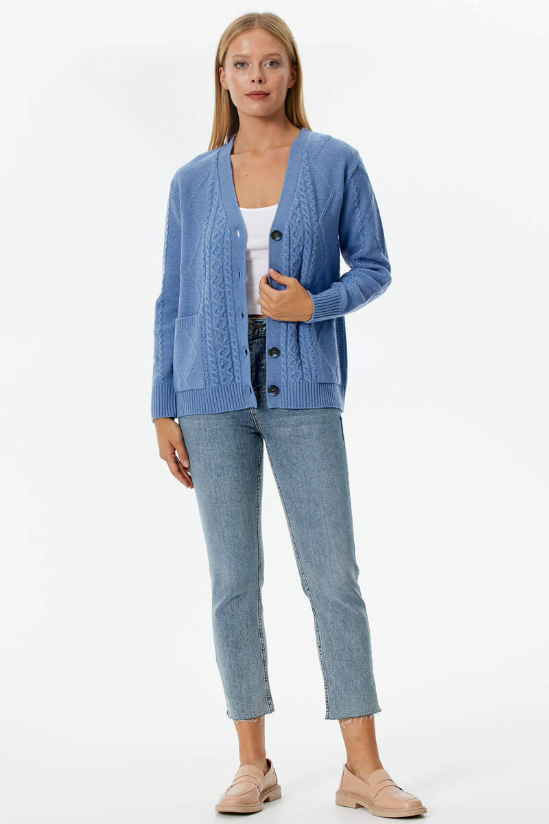 Düğmeli Saç Örgülü Triko Hırka - Mavi (2) Sementa