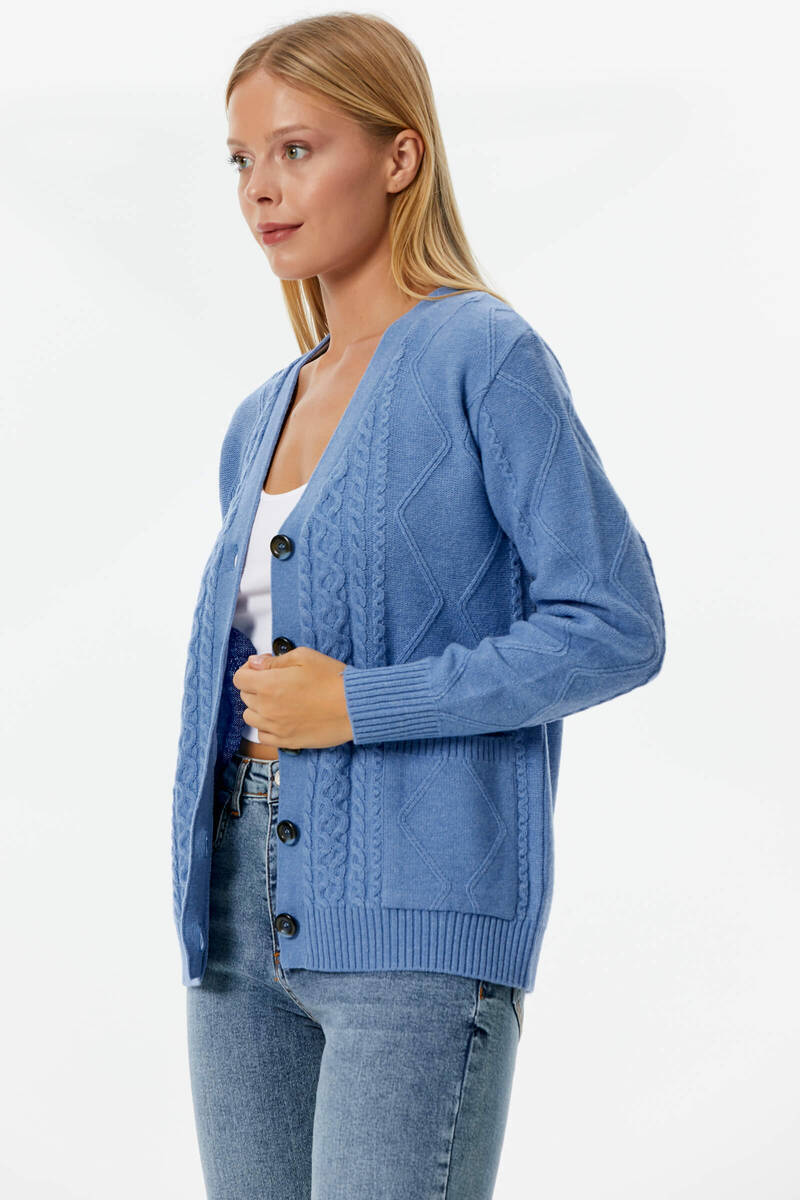 Düğmeli Saç Örgülü Triko Hırka - Mavi (3) Sementa