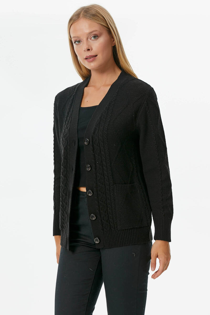 Düğmeli Saç Örgülü Triko Hırka - Siyah (1) Sementa