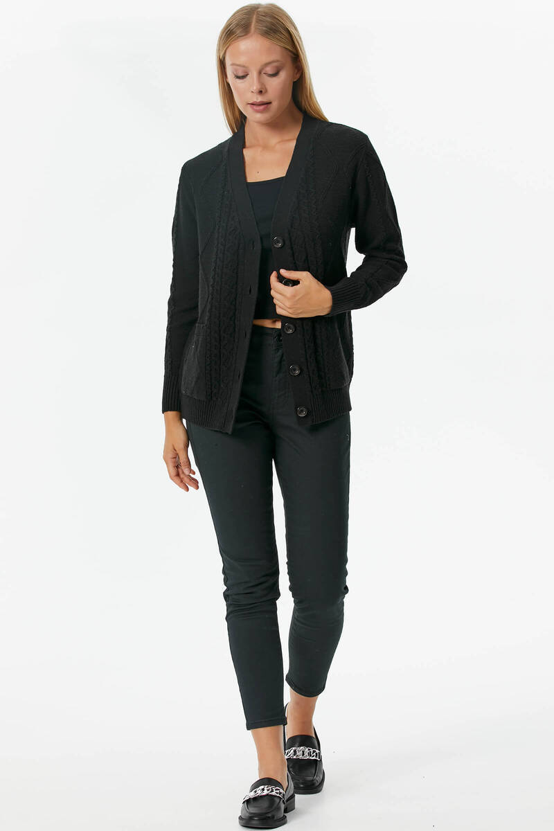 Düğmeli Saç Örgülü Triko Hırka - Siyah (2) Sementa