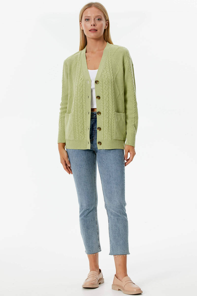 Düğmeli Saç Örgülü Triko Hırka - Yeşil (1) Sementa