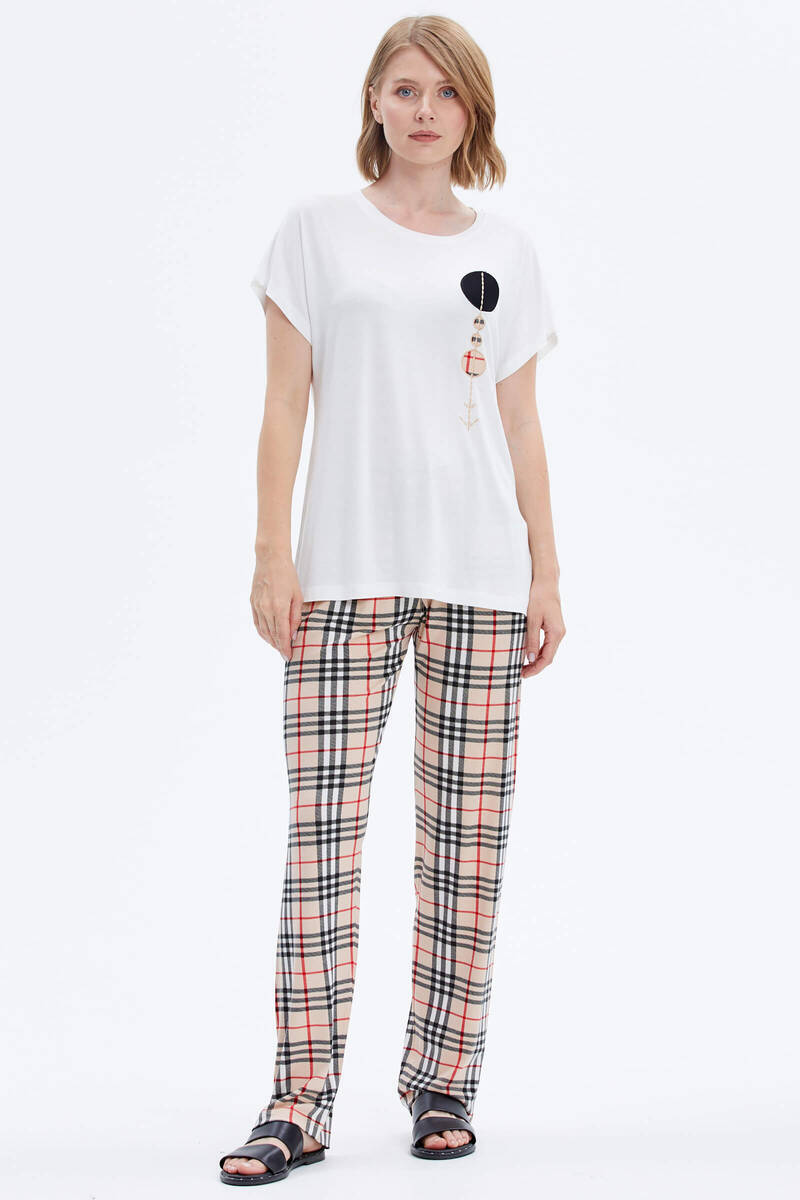 Ekose Desen İkili Takım - Ekru (1) Sementa