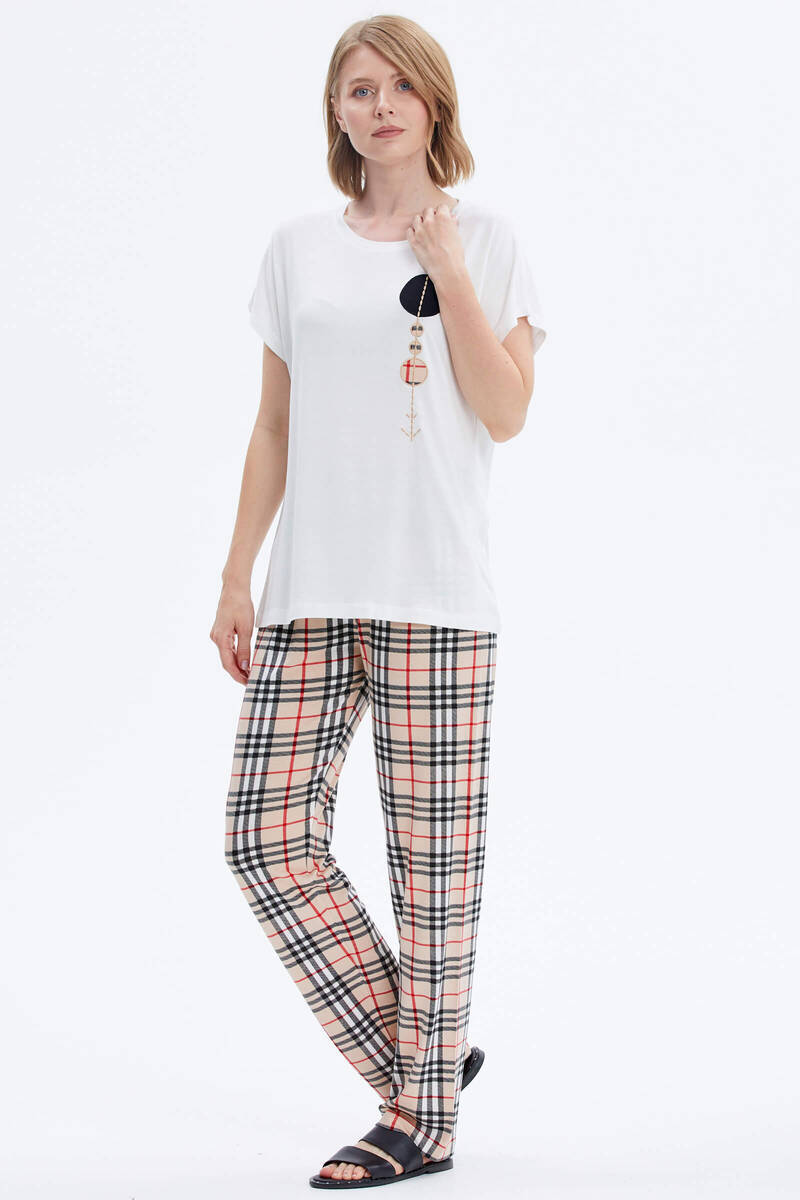 Ekose Desen İkili Takım - Ekru (2) Sementa