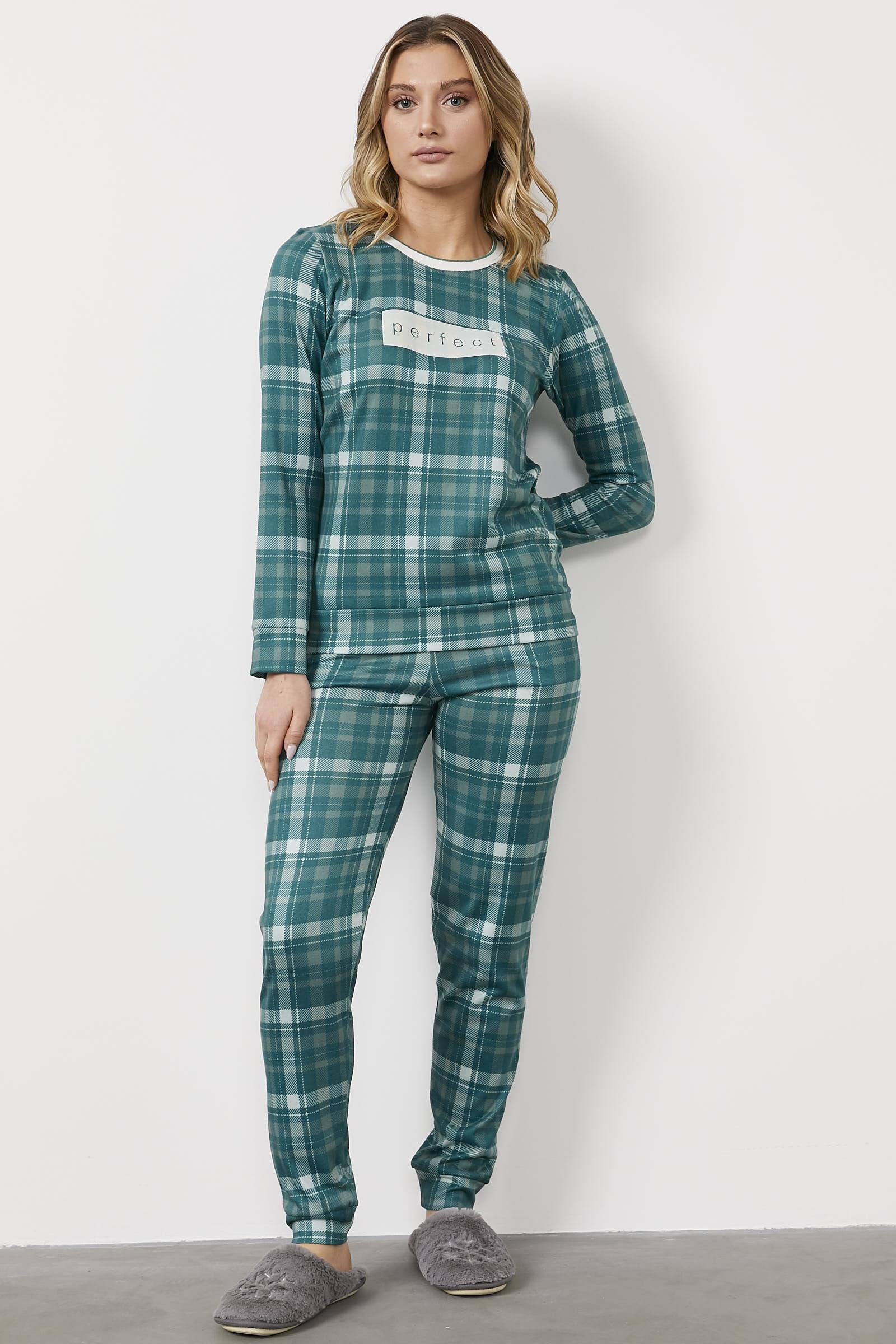 Ekose Desen Termal Pijama Takım - Yeşil (4) Sementa