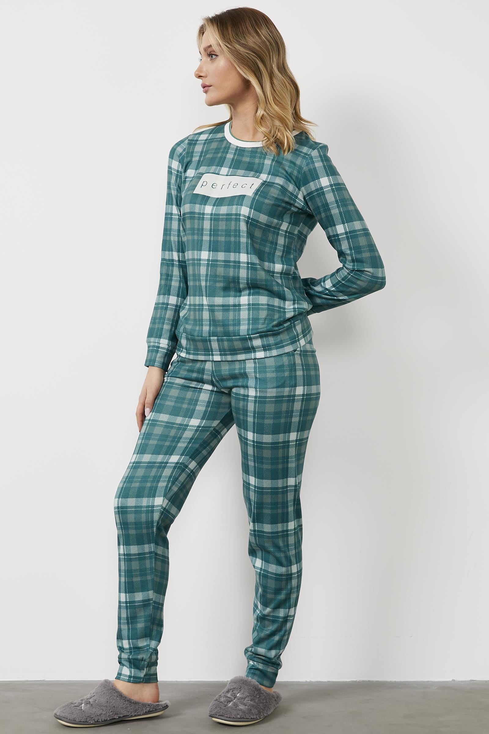 Ekose Desen Termal Pijama Takım - Yeşil (2) Sementa