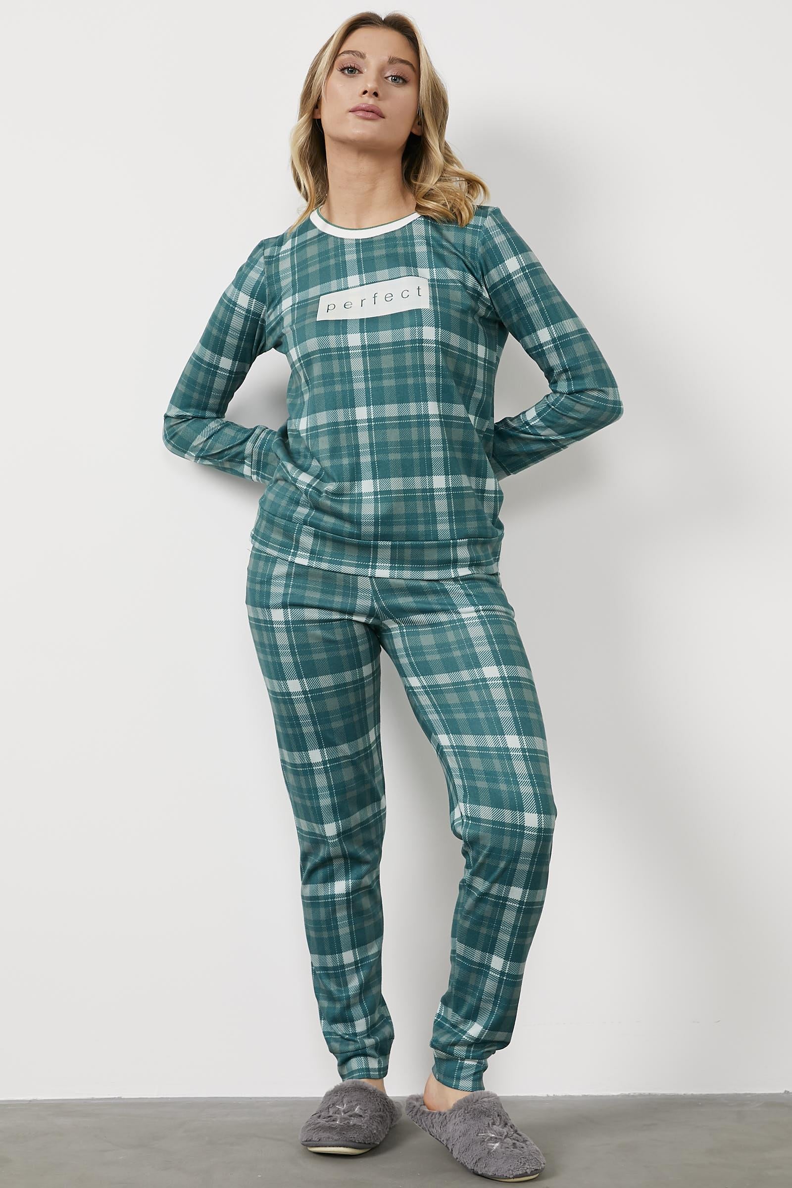 Ekose Desen Termal Pijama Takım - Yeşil (3) Sementa