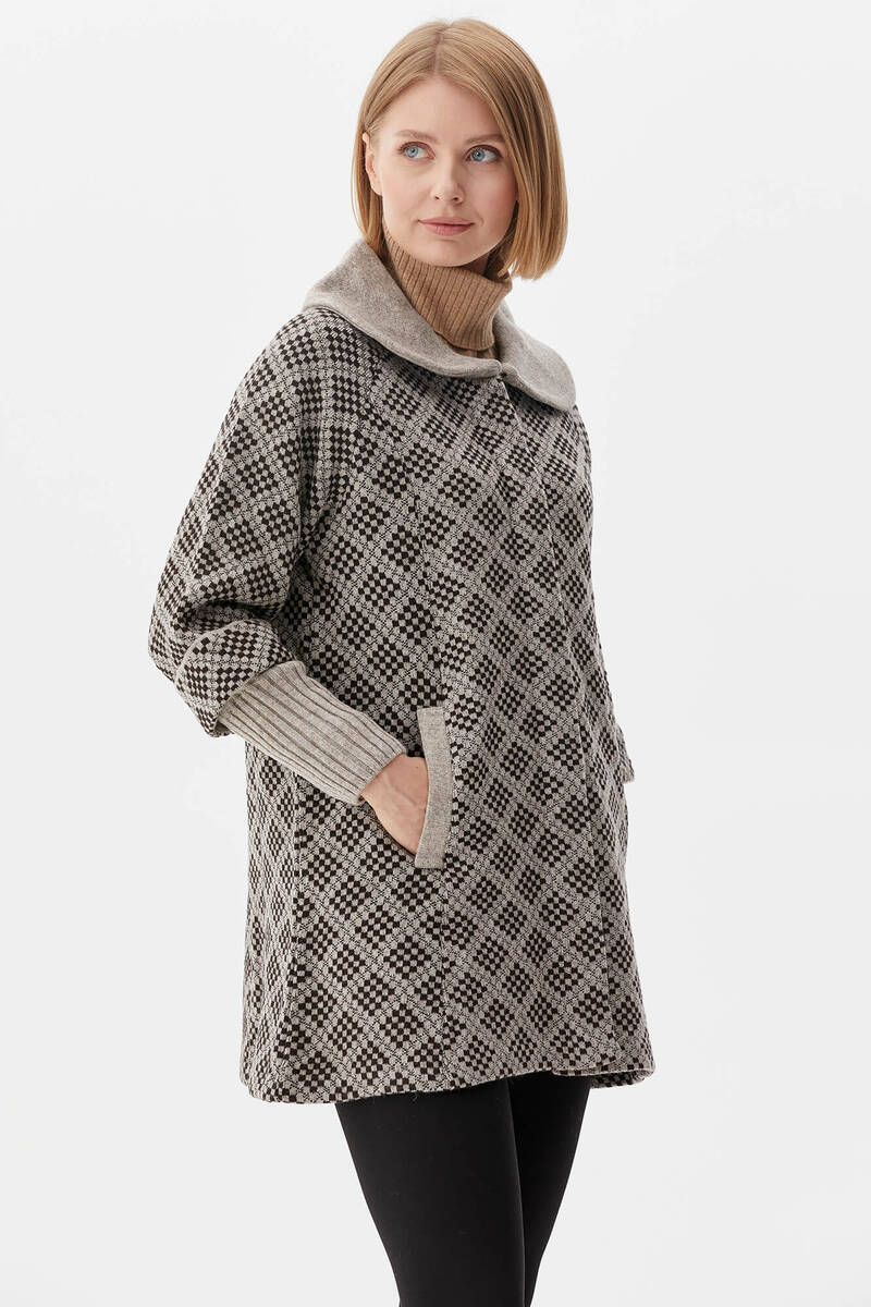 Ekose Desenli Triko Ceket - Vizon (2) Sementa