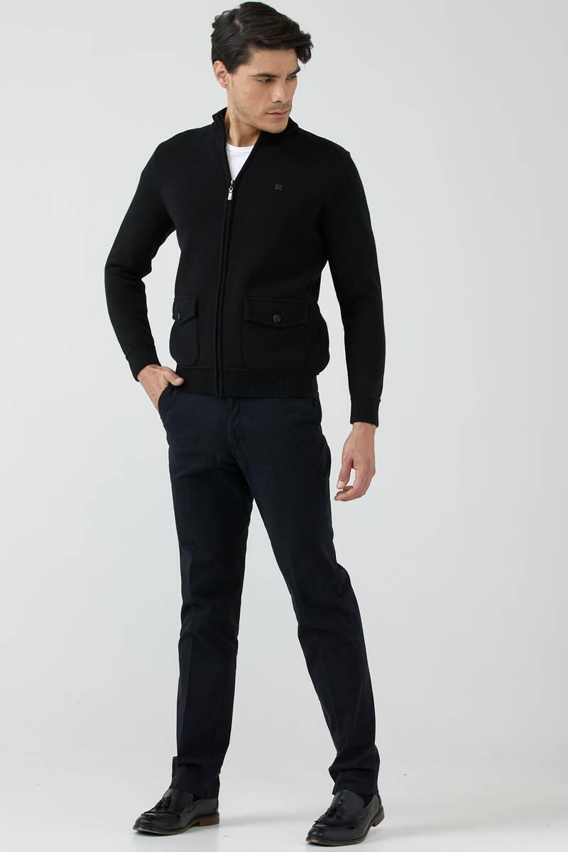 Erkek Dik Yaka Fermuarlı Cepli Triko Mont - Siyah (2) Sementa