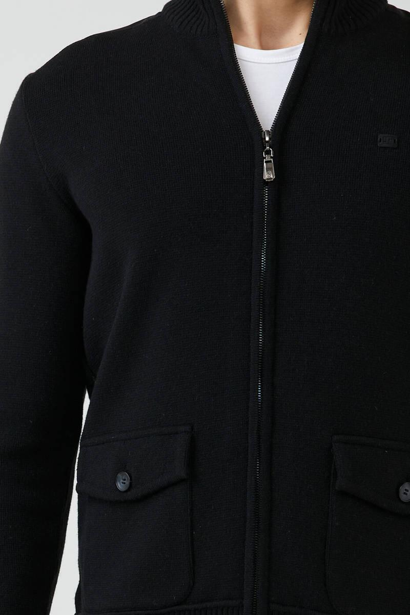 Erkek Dik Yaka Fermuarlı Cepli Triko Mont - Siyah (3) Sementa