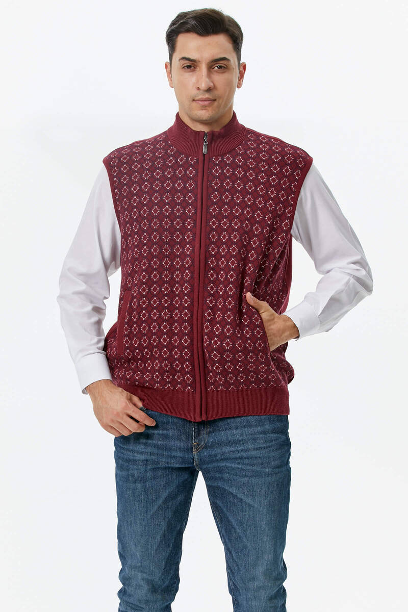 Erkek Dik Yaka Fermuarlı Cepli Triko Yelek - Bordo - Lacivert (1) Sementa