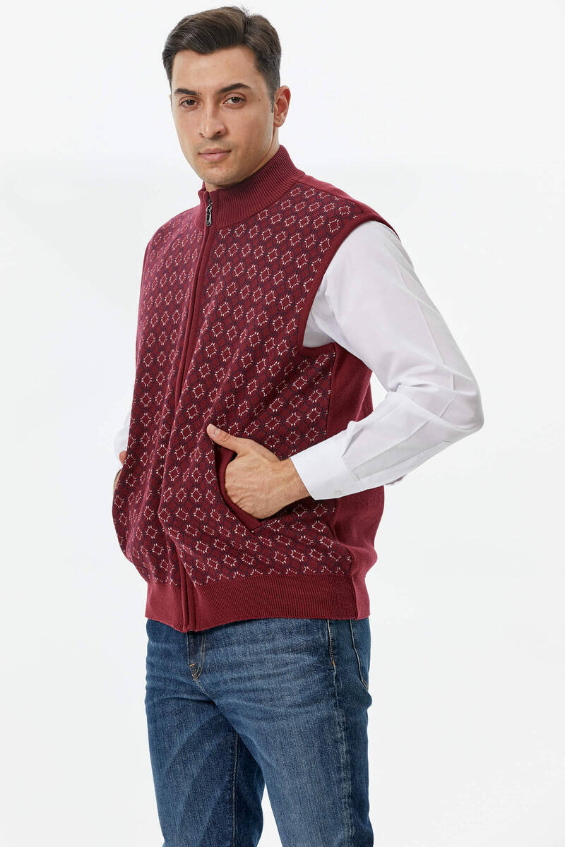 Erkek Dik Yaka Fermuarlı Cepli Triko Yelek - Bordo - Lacivert (3) Sementa