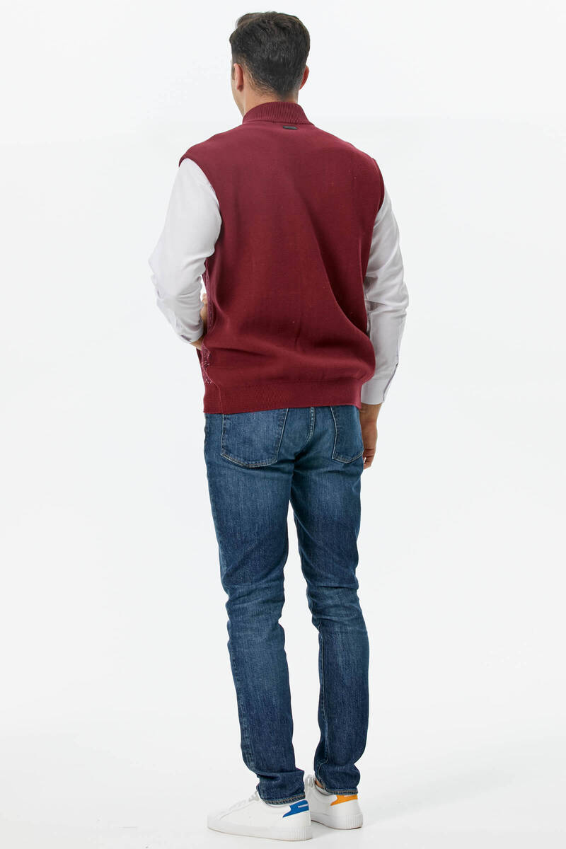 Erkek Dik Yaka Fermuarlı Cepli Triko Yelek - Bordo - Lacivert (4) Sementa